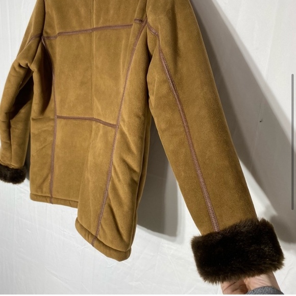 Vintage Lady Hathaway Tan Brown Faux Suede Zip Front Jacket W Faux Fur Collar M - Picture 3 of 16